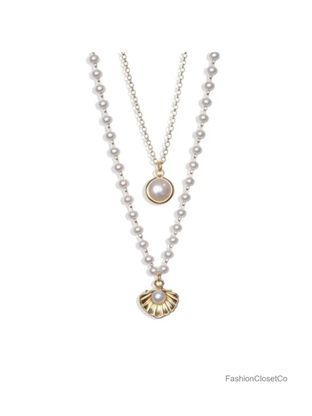 Layered Pearl Shell Necklace Women Boho Coastal Dainty Gold-tone Charm Jewelry
